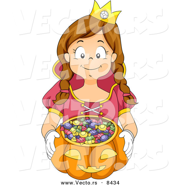 Cartoon Vector of a Happy Girl Trick-or-Treating As a Princess