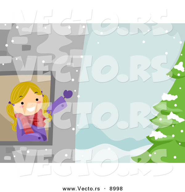Cartoon Vector of a Happy Girl Waving from a Tower Window with Winter Landscape and Tree
