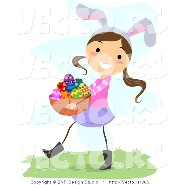 Cartoon Vector of a Happy Girl Wearing Bunny Ears While Carrying a Basket of Eggs
