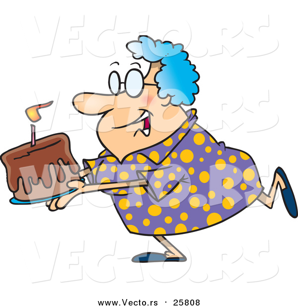 Cartoon Vector of a Happy Grandma Carrying a Birthday Cake