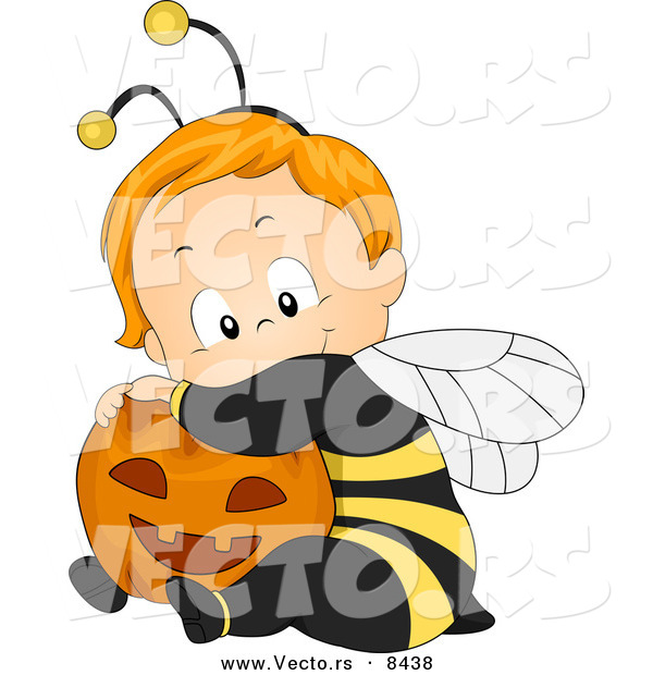 Cartoon Vector of a Happy Halloween Baby Boy Wearing a Bee Costume and Hugging a Pumpkin
