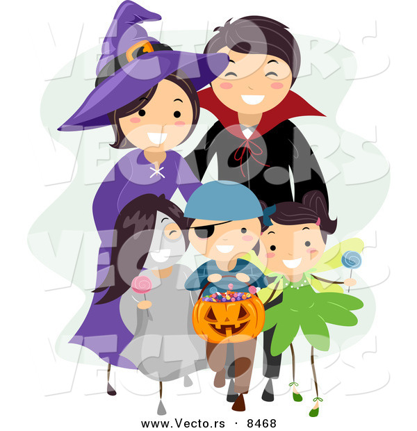 Cartoon Vector of a Happy Halloween Family Trick-or-Treating