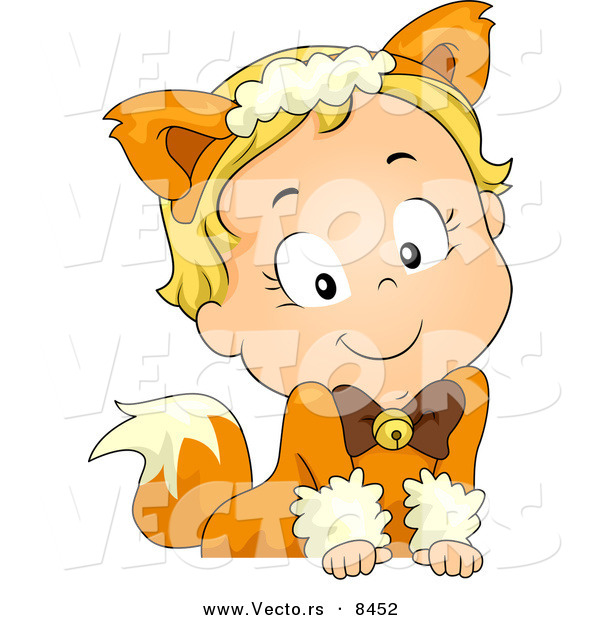 Cartoon Vector of a Happy Halloween Fox Girl Leaning over a Blank Sign