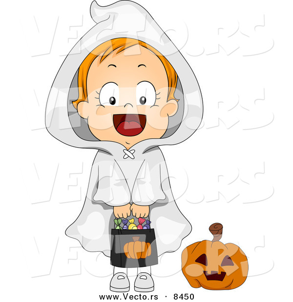 Cartoon Vector of a Happy Halloween Ghost Girl Holding Candy Bag
