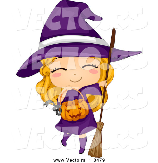 Cartoon Vector of a Happy Halloween Witch Girl with a Pumpkin Basket