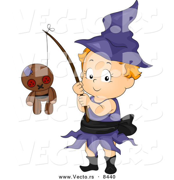 Cartoon Vector of a Happy Halloween Witch Girl with a Voodoo Doll on a Stick