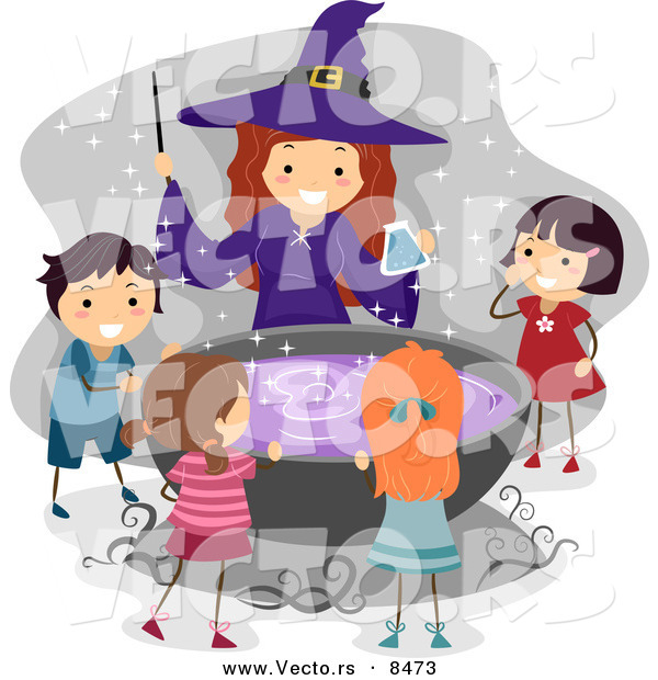 Cartoon Vector of a Happy Halloween Witch with Kids Around a Cauldron Filled with Purple Potion