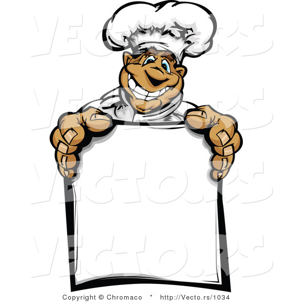 Cartoon Vector of a Happy Hispanic Chef Mascot Holding Blank Sign