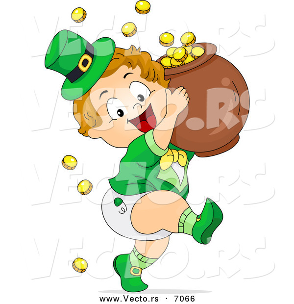 Cartoon Vector of a Happy Leprechaun Toddler Boy Carrying a Pot of Gold