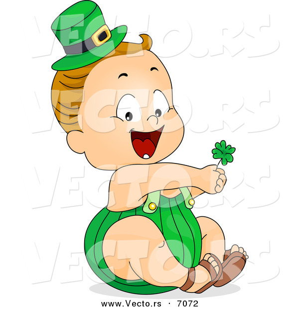 Cartoon Vector of a Happy Leprechaun Toddler Boy Holding a Clover