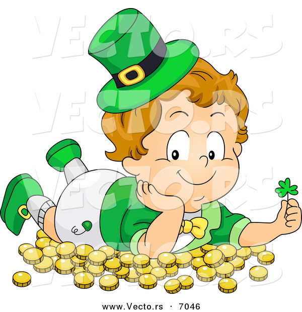 Cartoon Vector of a Happy Leprechaun Toddler Boy Laying on Gold Coins and Holding a Clover