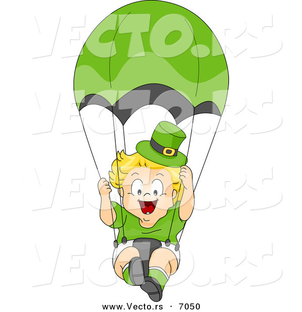 Cartoon Vector of a Happy Leprechaun Toddler Parachuting down from the Sky