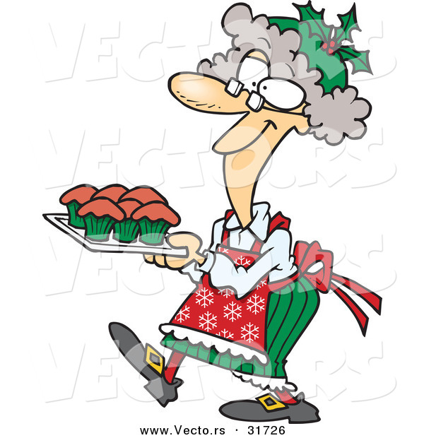 Cartoon Vector of a Happy Mrs. Claus Baking Cupcakes