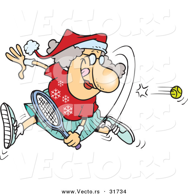 Cartoon Vector of a Happy Mrs. Claus Playing Tennis
