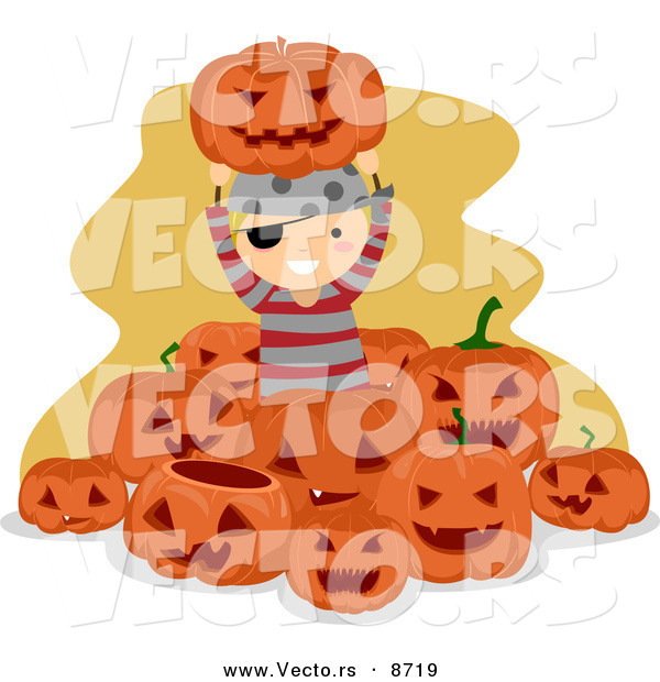 Cartoon Vector of a Happy Pirate Halloween Boy Surrounded by Jack O'Lanterns