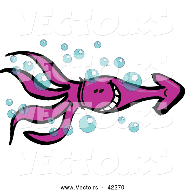 Cartoon Vector of a Happy Purple Squid Swimming Through Bubbles