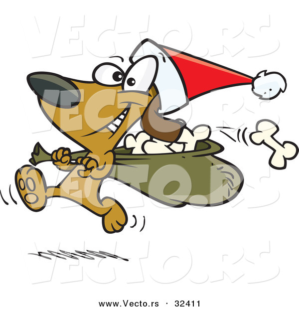 Cartoon Vector of a Happy Santa Dog Running with Bag of Bones