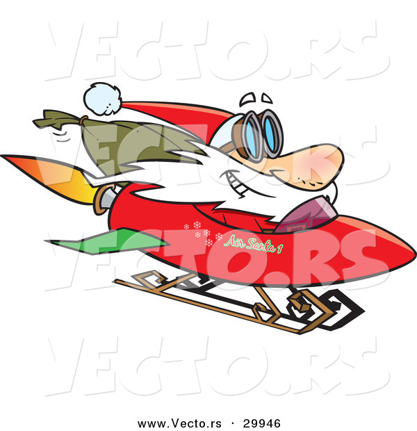 Cartoon Vector of a Happy Santa Driving a Rocket Sled with Bag of Presents