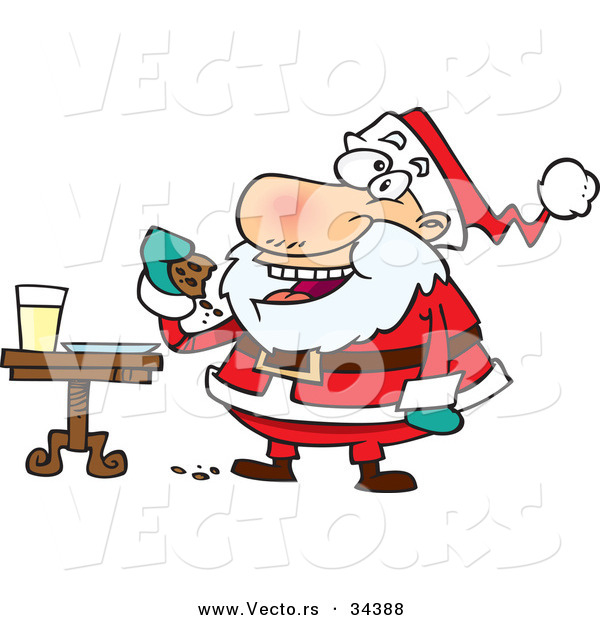 Cartoon Vector of a Happy Santa Eating Cookies with Milk