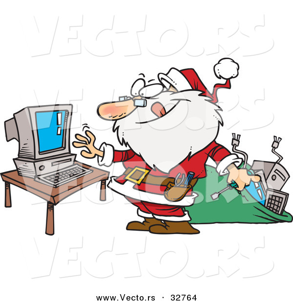 Cartoon Vector of a Happy Santa Repairing a Computer