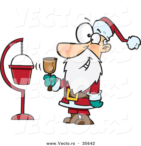 Cartoon Vector of a Happy Santa Ringing Bell Beside Donation Collection Container