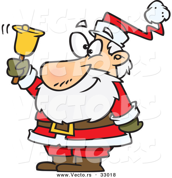 Cartoon Vector of a Happy Santa Ringing Gold Bell