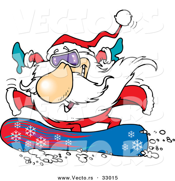 Cartoon Vector of a Happy Santa Snowboarding