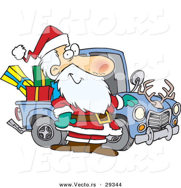 Cartoon Vector of a Happy Santa Standing Beside His Delivery Truck Full of Presents