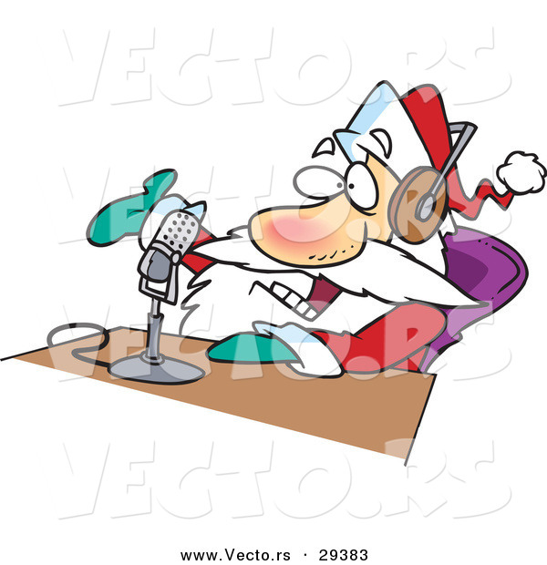 Cartoon Vector of a Happy Santa Talking over the Radio in a Studio
