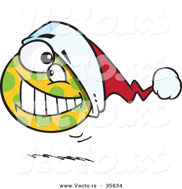 Cartoon Vector of a Happy Spotted Christmas Ball Bouncing with Santa Hat