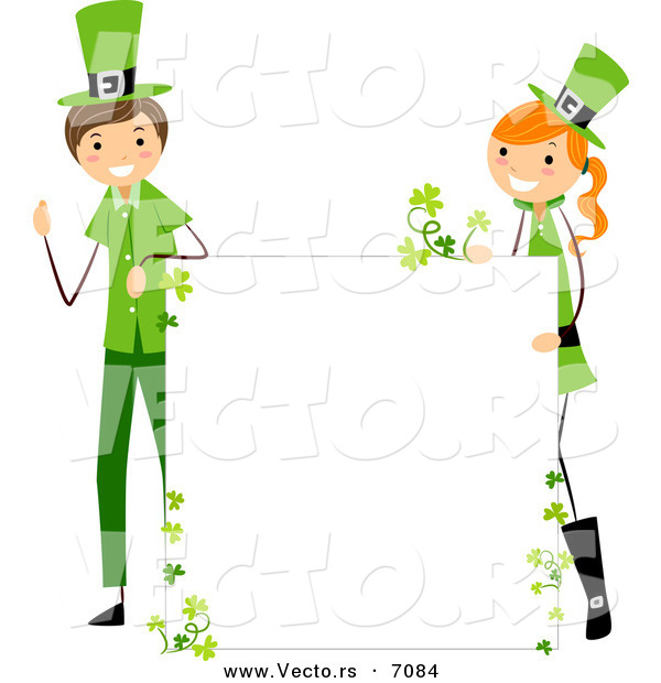 Cartoon Vector of a Happy St. Patrick's Day Boy and Girl Holding up a Blank Sign While Smiling