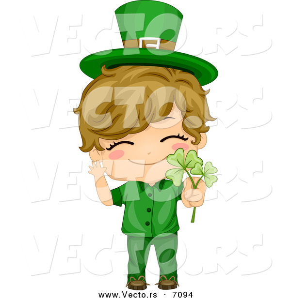 Cartoon Vector of a Happy St. Patrick's Day Boy Holding a Clovers