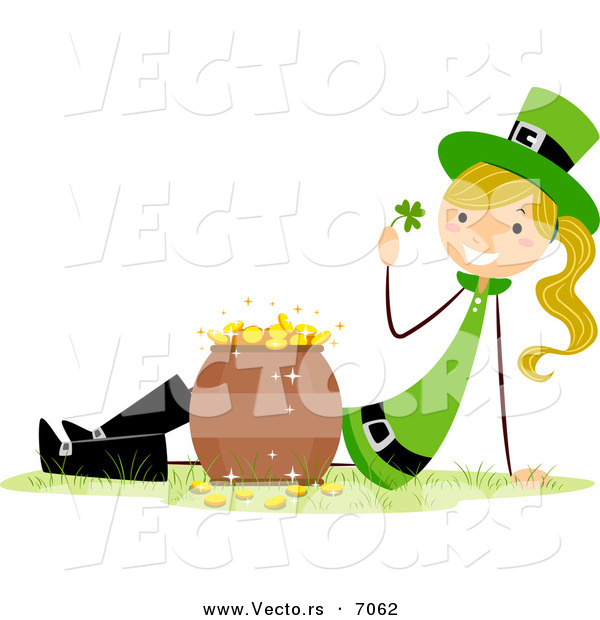 Cartoon Vector of a Happy St. Patrick's Day Girl Beside a Pot of Gold