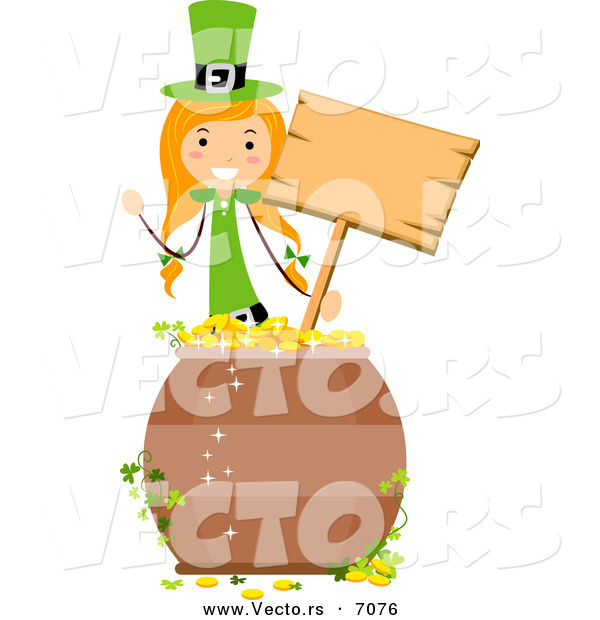 Cartoon Vector of a Happy St. Patrick's Day Girl Holding a Blank Wooden Sign Behind a Pot of Lucky Gold Coins