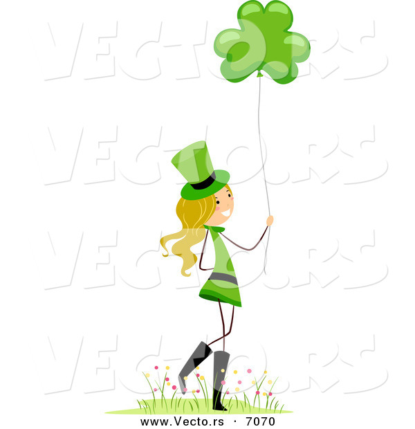 Cartoon Vector of a Happy St. Patrick's Day Girl Holding a Clover Balloon