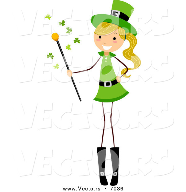 Cartoon Vector of a Happy St. Patrick's Day Girl Holding a Magic Wand