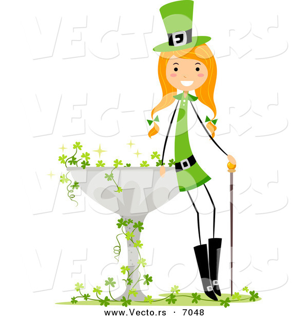 Cartoon Vector of a Happy St. Patrick's Day Girl Leaning on a Bird Bath with Clovers