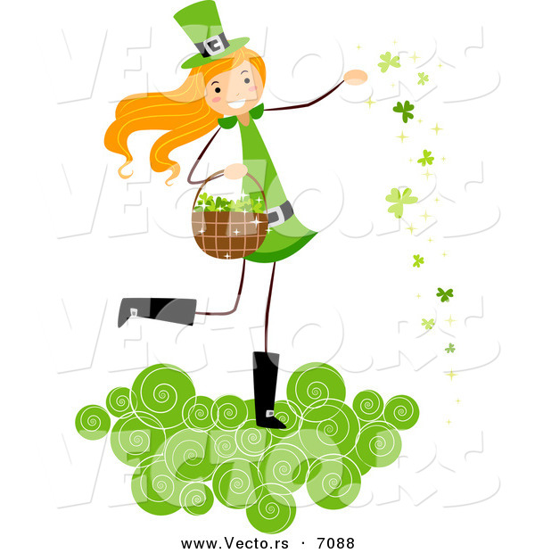 Cartoon Vector of a Happy St. Patrick's Day Girl on a Cloud, Tossing Clovers