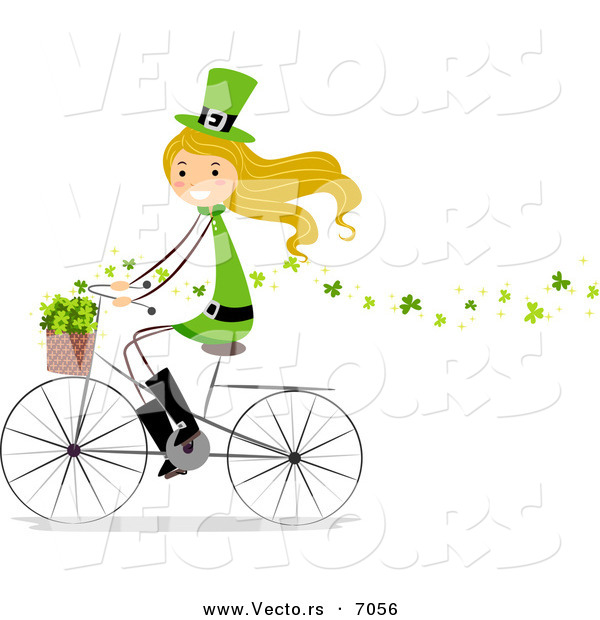 Cartoon Vector of a Happy St. Patrick's Day Girl Riding a Bike While Spreading Clovers Around from Her Basket