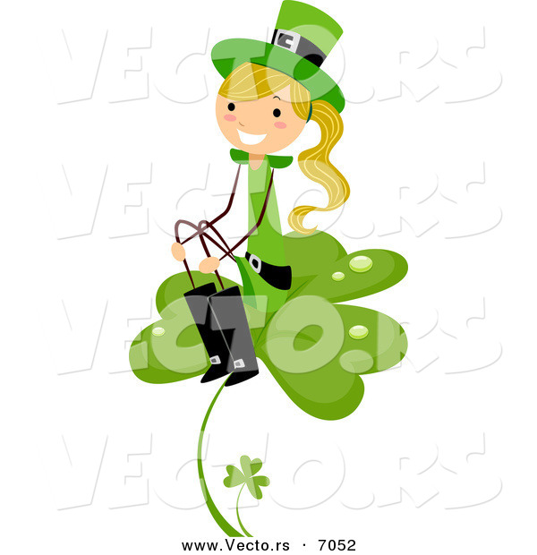 Cartoon Vector of a Happy St. Patrick's Day Girl Sitting on a Big Clover