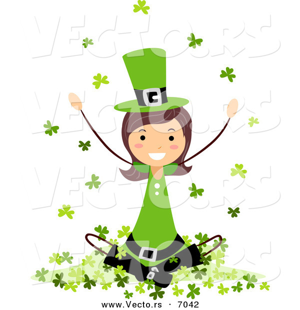 Cartoon Vector of a Happy St. Patrick's Day Girl Sitting on a Hill of Clovers