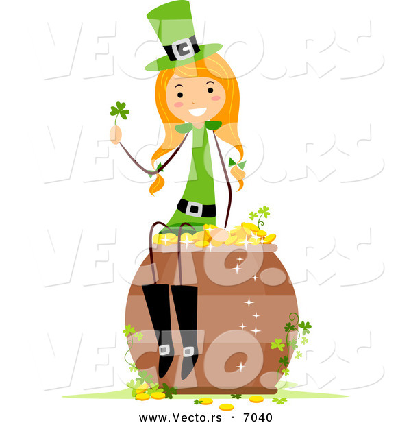 Cartoon Vector of a Happy St. Patrick's Day Girl Sitting on a Lucky Pot of Gold