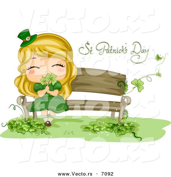 Cartoon Vector of a Happy St. Patrick's Day Girl Smelling Shamrocks While Sitting on a Bench