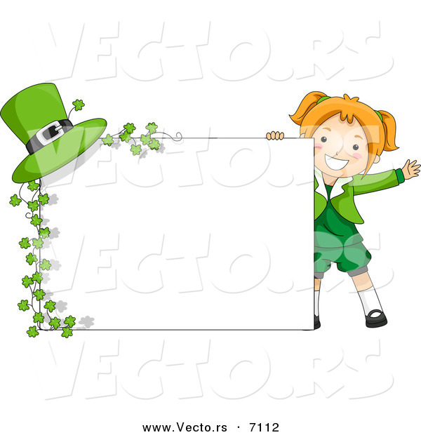 Cartoon Vector of a Happy St. Patrick's Day Girl Standing Beside a Blank Sign with Clovers and a Hat
