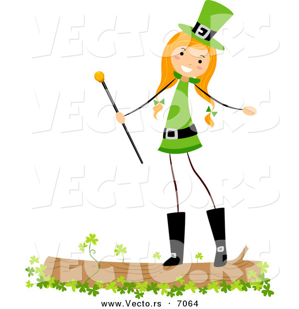 Cartoon Vector of a Happy St. Patrick's Day Girl Standing on a Log with Clovers