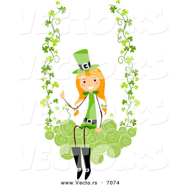 Cartoon Vector of a Happy St. Patrick's Day Girl Swinging on Clovers with Swirls