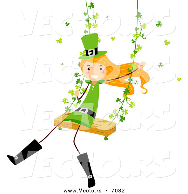 Cartoon Vector of a Happy St. Patrick's Day Girl Swinging with Clovers