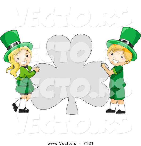 Cartoon Vector of a Happy St. Patrick's Day Leprechaun Boy and Girl Holding a Big Clover Shaped Sign