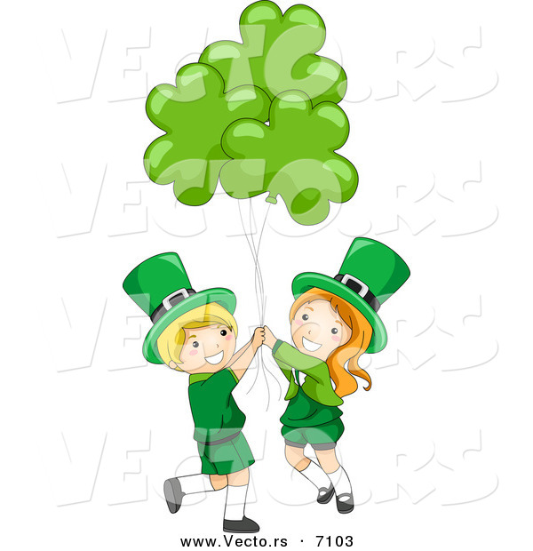 Cartoon Vector of a Happy St. Patrick's Day Leprechaun Boy and Girl Holding Clover Balloons