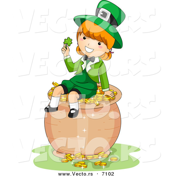 Cartoon Vector of a Happy St. Patrick's Day Leprechaun Girl Holding a Clover While Sitting on a Pot of Gold